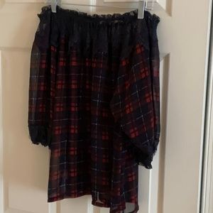 Navy and red plaid blouse.